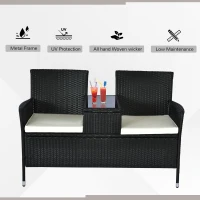 Outsunny 2 Seater Rattan Campanion Chair Wicker Loveseat Outdoor Patio Armchair with Drink Table Garden Furniture - Black(m-4)