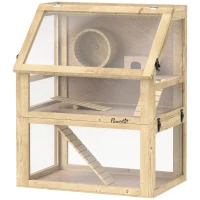 PawHut Wooden Hamster Cage with Detachable 32cm Deep Bottom, Hut, Seesaw, Exercise Wheel, Ramp, 60 x 40 x 75cm, Natural(m-11)