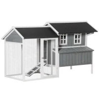 PawHut Gallinero de Madera Exterior Jaula para 2-3 Gallinas con Corral de Alambre Nido Techo Asfáltico Bandeja Extraíble 2 Perchas y Rampa 209,5x96x123 cm Gris Azulado(m-1)