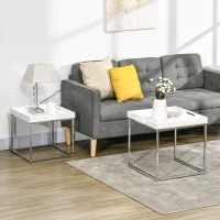 HOMCOM High Gloss Coffee Table Set of 2, Square Nest of Tables with Steel Frame for Living Room, White(m-7)