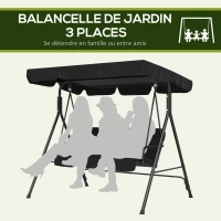 Outsunny Balancelle de Jardin 3 Places Toit Inclinaison réglable Coussins Assise et Dossier Acier Noir Polyester Noire(m-6)