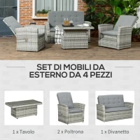 Outsunny Set da Giardino 4pz in Rattan Grigio con Tavolo ad Altezza Regolabile, 2 Poltrone Reclinabili e Divano 2 Posti(m-4)