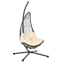 Outsunny Fauteuil suspendu de jardin - chaise hamac résine tressée avec matelas grand confort crème support acier époxy gris(m-1)