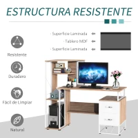 HOMCOM Escritorio con Estantería Librería Mesa de Ordenador PC con Superficie de 110 cm 2 Cajones y Múltiples Estantes para Oficina Estudio Despacho 133x55x123 cm Roble(m-5)