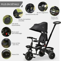 HOMCOM Tricycle Enfant évolutif Pliable 4 en 1 Multifonction - Pare-Soleil, Canne télescopique Amovible - siège pivotant, Harnais, Arceau sécurité - 3 paniers Rangement - métal PP Noir(m-9)