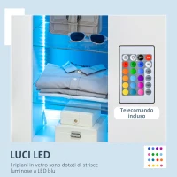 HOMCOM Mobiletto da Salotto Bianco in Truciolato e Metallo con Luci LED Blu, 3 Ripiani Aperti e Armadietto, 75x35x82 cm(m-5)