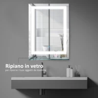 Kleankin Specchio da Bagno Luci a LED, Interruttore Touch Mensola in Vetro con Utensili per Montaggio a Parete 70x50cm(m-5)