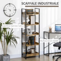 HOMCOM Libreria Stile Industriale a 5 Ripiani in Legno e Metallo, 48x30x155cm, Marrone Rustico(m-4)
