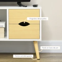 HOMCOM Meuble TV jusqu'à 40 pouces pieds en bois massif 4 tiroirs 1 niche centrale 90 x 30 x 46 cm naturel blanc(m-6)