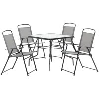 Outsunny 5 Piece Garden Dining Set Outdoor Dining Furniture 4 Folding Chairs, Glass Top Table with Parasol Hole, Texteline Seats, Black(m-1)