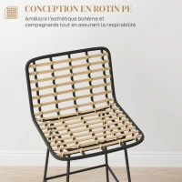 HOMCOM Lot de 2 tabourets de bar chaise haute design bohème Hauteur 66 cm avec repose-pieds acier noir assise en rotin PE(m-5)