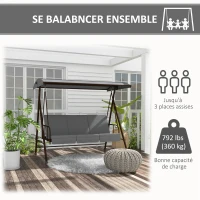 Outsunny Balancelle de jardin convertible 3 places grand confort avec 3 coussins toit réglable acier polyester gris(m-5)