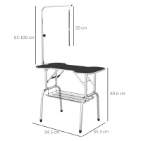 PawHut Foldable Dog Grooming Table Pet Drying Table with Adjustable Arm Non-Slip Rubber Tabletop Aluminium Alloy Edge Stainless Steel Bar Sling 94.5 x 55 x 81cm Black(m-3)