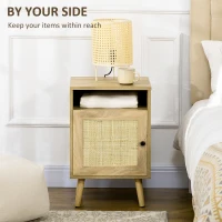 HOMCOM Bedside Table with Rattan Element, Side End Table with Shelf and Cupboard, 39cmx35cmx60cm, Natural(m-4)