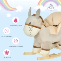 HOMCOM Kids Rocking Horse, Children Plush Ride On Donkey Animal Rocker w/ Sound, Wood Base Seat, Safety Belt, Baby Toy Rocker for Toddler 18 - 36 Months, Grey(m-7)
