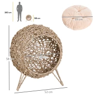 PawHut Panier chat lit surélevé chat cosy niche grotte grand confort dim. Ø 52 x 58H cm coussin moelleux inclus résine tressée imitation rotin beige(m-3)