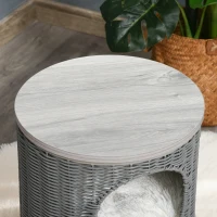 PawHut Cueva para Gatos de Ratán Ø36x40,5 cm Cesta para Gatos Rolliza con Cojín Lavable Plataforma y Patas de Madera de Pino Extraíble Gris(m-8)