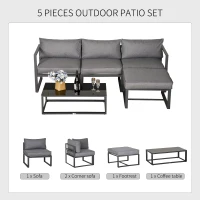 Outsunny 5 Pieces Outdoor Patio Furniture Set, Sofa Couch with Glass Coffee Table, Cushioned Chairs and Aluminum Tube, for Balcony Garden Backyard, Grey(m-4)