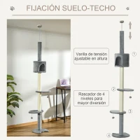 PawHut Árbol Rascador para Gatos Rascador para Fijar al Techo Altura 255 cm con Plataformas Cueva Postes de Sisal Bolas Colgantes Gris Claro(m-5)