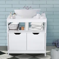 kleankin Armario para Debajo de Lavabo Gabinete de Baño con Estante 2 Puerta de Almacenamiento Dispositivo Antivuelco Resistente a la Humedad 60x30x60 cm Blanco(m-2)