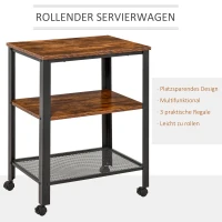 HOMCOM Küchenwagen Rollwagen mit 3 Ebenen Küchenrollwagen mit Tischplatte und Regalen, Küchenregal auf Rollen, im Vintage-Industriedesign Allzweckwagen für Küche Bad Büro Wohnzimmer Natur(m-4)