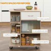 HOMCOM Carrello da Cucina Portavivande con Cassetto, Ripiani e Armadietto in Legno, Acciaio e Vetro, 65x39x80cm(m-4)