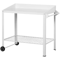 Outsunny Garden Outdoor Metal Potting Table Bench Planting Workstation Push Cart with Wheels Side Hanger - White(m-11)