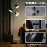 HOMCOM Stehlampe, Bodenlampe, 3 einstellbare Schirme, Metall, Schwarz(m-4)
