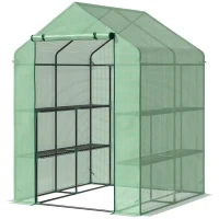 Outsunny Foliengewächshaus begehbares Gewächshaus mit 8 Regalebenen Tomatengewächshaus Treibhaus Frühbeet mit Tür Grün Stahl PE-Kunststoff 143 x 138 x 195 cm(m-1)
