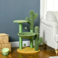PawHut 82cm Chenille Cactus Cat Tree with Scratching Post, Hammock, Green(m-10)