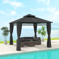 Outsunny 3 x 3 (m) Outdoor Polycarbonate Gazebo, Double Roof Hard Top Gazebo with Galvanised Steel Frame, Nettings & Curtains for Garden, Lawn, Patio and Deck, Dark Grey(m-2)