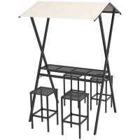 Outsunny Outdoor Barmöbel-Set, Rattanoptik, 4 Barhocker & 1 hoher Bartisch, mit Dach, Metallrahmen, Schwarz/Khaki(m-1)