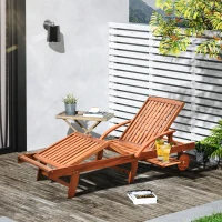 Outsunny Folding Wooden Sun Lounger, 4-Level Adjustable Garden Lounger Recliner with Side Tray and Wheels, Outdoor Reclining Sunbed with Slatted Seat and Armrests for Patio, Terrace, Teak(m-2)