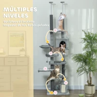 PawHut Árbol para Gatos de Suelo a Techo de 225-255 cm con Altura Ajustable Plataformas Cueva Cama Hamaca Rampa Bolas Gris(m-6)