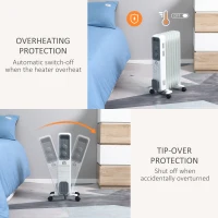 HOMCOM 1500W Oil Filled Radiator, 7 Fin, Portable Electric Heater with 3 Heat Settings, Safety Cut-Off and Wheels, White(m-4)