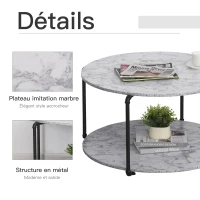 HOMCOM Table Basse Ronde avec étagère dim. Ø 80 x 45H cm Panneaux Particules Imitation marbre Blanc métal Noir(m-5)