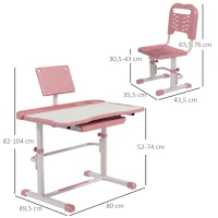 ZONEKIZ Pupitre Infantil Ajustable con 1 Cajón 1 Estante para Libros y Ángulo de Mesa Ajustable 80x49,5x82-104 cm Rosa y Blanco(m-3)