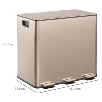 HOMCOM 45L Triple Compartment Stainless Steel Bin, with Deodoriser Holders - Gold Tone(m-3)