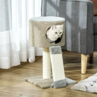 PawHut Árbol Rascador para Gatos Pequeño Altura 50 cm Torre Escalador de Gato con Cueva Rampa Poste Rascador de Sisal Natural y Bola Colgante 30x30x50 cm Beige Oscuro(m-2)