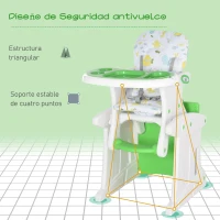 HOMCOM Trona para Bebés 2 en 1 para 6 Meses a 6 Años Transformable en Mesa y Silla Multifuncional Ajustable en 3 Posiciones Respaldo Alto Acolchado con 2 Bandejas Extraíbles 57x59x105 cm Verde(m-8)