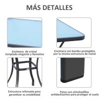 Outsunny Mesa Auxiliar de Cristal Templado Cuadrada Bordes Redondeados Mesita Café  para Patio Terraza Balcón Negro y Transparente 68,5x68,5x84 cm(m-5)