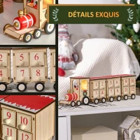 HOMCOM Calendrier de l'avent LED en forme de train en bois Décoration de Noël Train miniature sur table- 1 lumière avec 24 tiroirs 40 x 8 x 11 cm(m-6)
