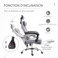 HOMCOM Fauteuil de bureau manager grand confort repose-pied tétière + coussin lombaires intégrés dossier inclinable revêtement tissu micro perforé gris noir(m-5)