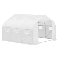 Outsunny Serre Tunnel de Jardin 10,5 m² dim. 3,5L x 3l x 2H m Porte + 6 fenêtres enroulables Acier galvanisé bâche PE Haute densité Blanc(m-1)