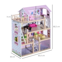 HOMCOM Puppenhaus aus Holz Puppenvilla für Kinder ab 3 Jahren Puppenstube Dollhouse 4 Etagen mit Möbel und Zubehör Spielzeug 60 x 30 x 80 cm(m-3)