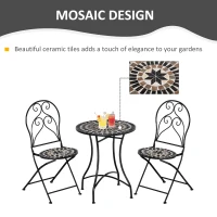 Outsunny 3 Pieces Garden Bistro Set with Coffee Table and 2 Folding Single Chairs, Mosaic Garden Table Top and Seats, Metal Frame, for Patio Balcony, Black(m-6)