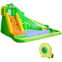 Outsunny Aufblasbare Hüpfburg mit Gebläse Wasserrutsche Spielpool Aufblasbare Wasserspielcenter mit Rutsche Wasserpark aufblasbar Planschbecken ab 3 Jahre 380 x 285 x 225 cm(m-10)