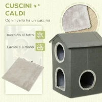 PawHut Casetta per Gatti a Due Livelli con Cuscini Lavabili 3 entrate, 42x46x59.5 cm, Grigio(m-5)