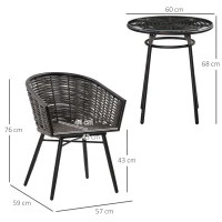 Outsunny 3 Pieces Rattan Bistro Set, Wicker Garden Furniture Set with Round Glass Top Coffee Table and Chairs, Washable Cushions for Outdoor, Patio, Balcony, Grey(m-3)