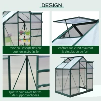 Outsunny Serre de jardin polycarbonate 190 x 132 x 201 cm résistant aux UV 30+ fondation renforcé gouttière vert foncé(m-4)